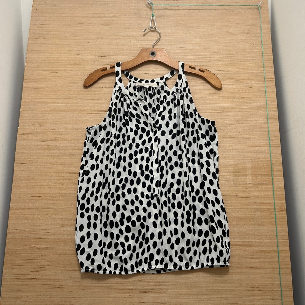 LOFT Black White Polka Dot Sleeveless Blouse Cutout Neck Bubble Hem XS 5723
